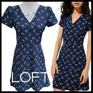 LOFT Navy Pink Leaf Print V Neck Puff Short Sleeve Fit & Flare Dress (2)